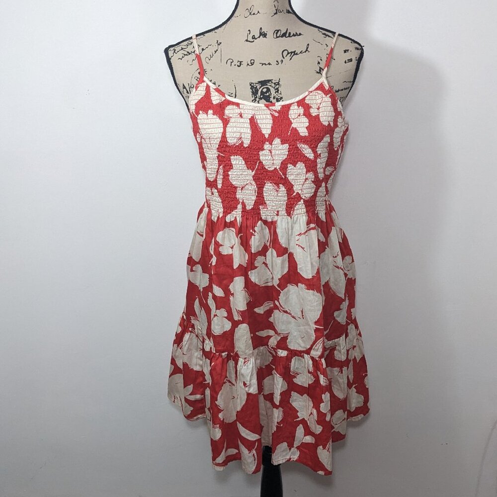 NWT $69 GAP Womens Red Smocked Tiered Mini Dress Floral Tie Back Cotton Size XL